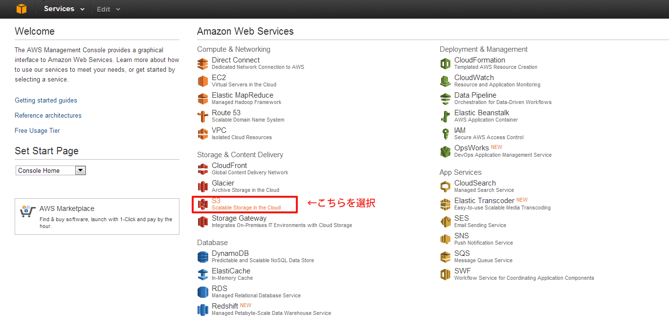 AWS コンソール画面